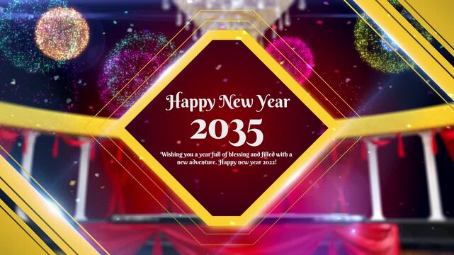 Happy new year 2035 celebration background with fireworks and glowing lights festive holiday template