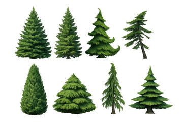 Obraz premium Different green evergreen trees set showing fir, spruce, and pine plants with transparent background