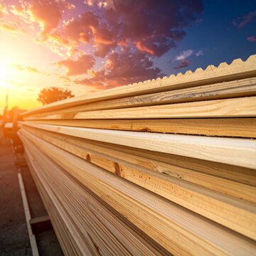 Close-up shot of stacked wooden planks with a beautiful sunset background.