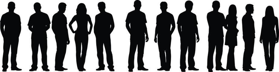 Diverse group of eleven human silhouettes in casual clothing standing together people