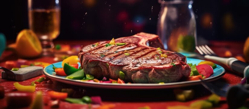Indulge in the savory perfection of a masterfully grilled steak, ready to tantalize your taste buds.