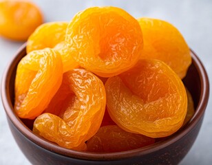 Close-up shot of a bowl filled with delicious dried apricots, perfect snack.