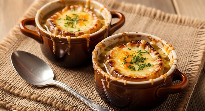 Savory delight in ceramic ramekins served with melted cheese and fresh herbs on a rustic burlap cloth