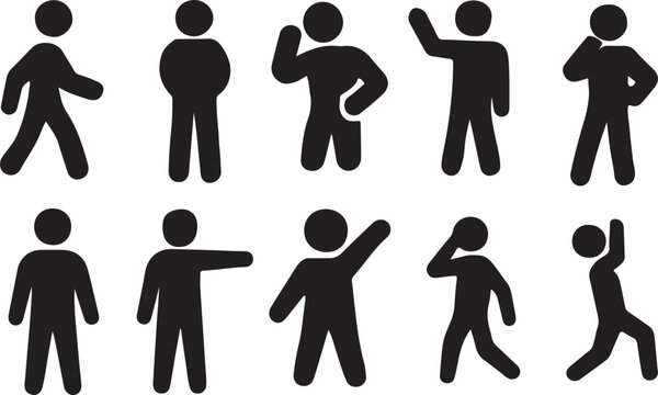 Collection of 10 stick figure people in dynamic action poses