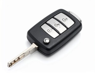Close-up Shot of a Modern Car Key with Remote Control Buttons on White Background.