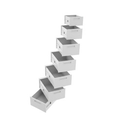 Stack of Open White Storage Drawers Arranged Diagonally