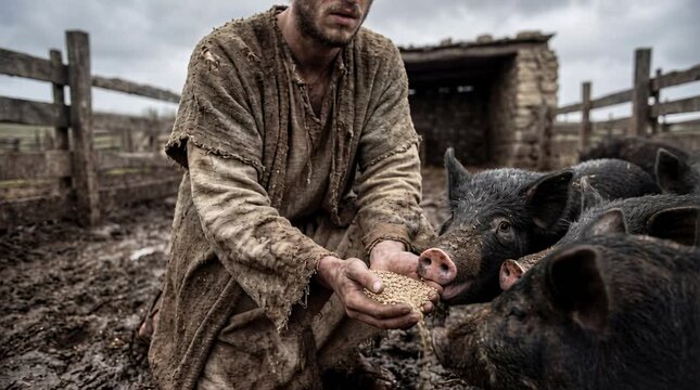 Biblical Prodigal Son Covered in Dirt Sitting in Pig Pen with Swine, Wearing Rags, Symbol of Poverty, Regret