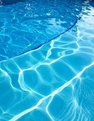 Obraz premium Close-up view of a vibrant blue swimming pool with rippling water and sunlight reflections.