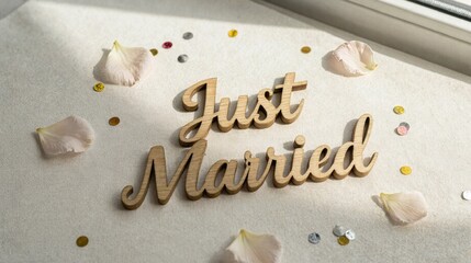 Just Married Sign with Sparkles - Happy Bride & Groom Romantic Decoration for Wedding Reception