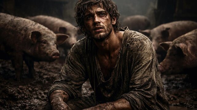 Biblical Prodigal Son Covered in Dirt Sitting in Pig Pen with Swine, Wearing Rags, Symbol of Poverty, Regret