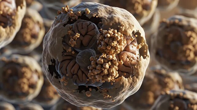 Microscopic view of a damaged cell with internal structures visible and external particles on a blurred background