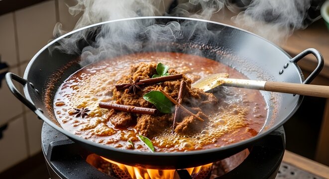 A large black wok on a gas stove simmering beef rendang with star anise, cinnamon sticks, and lime leaves amidst rising steam.