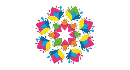 A vibrant, abstract, and symmetrical floral-inspired mandala design with a central star and colorful petal-like elements in pink, blue, yellow, green, and orange.