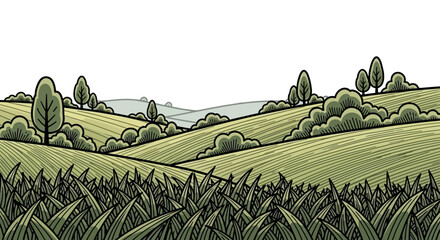 Artistic Rolling Hills Landscape with Lush Greenery and Trees Under a White Sky © Ryoichi