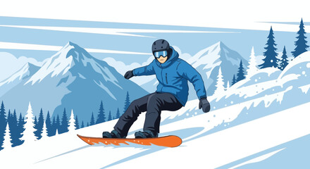 Man Snowboarding Down Snowy Mountain Slope with Winter Trees and Peaks Background © Ryoichi