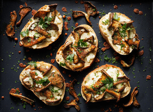 Grilled open faced sandwiches with oyster mushrooms, cheese and herbs, top view