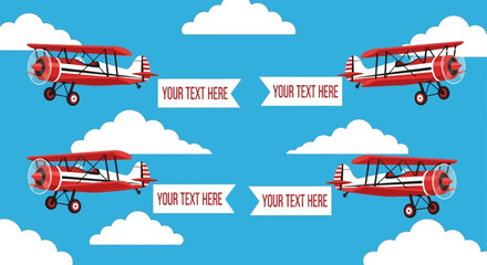 Vintage Biplanes Flying in Sky with Clouds and Banners for Text © warsa