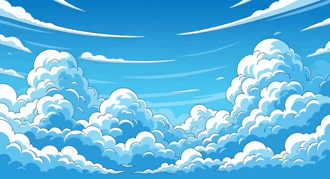 Fluffy Cumulus Clouds Floating in a Bright Blue Sky, Illustrated