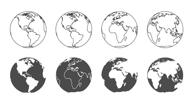 Eight stylized illustrations of planet Earth showing different continents and day/night cycles.