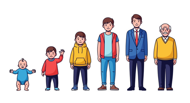 Illustration showing the stages of human life from infancy to old age.