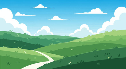 Obraz premium Vibrant Green Rolling Hills with a Winding Path Under a Bright Blue Sky with Clouds
