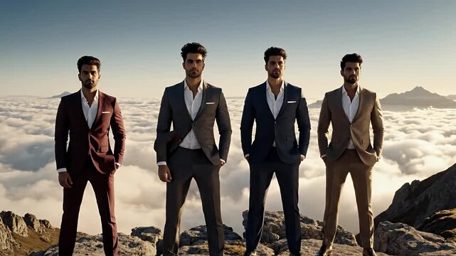 Four Men in Suits Standing on Mountain Top Above Clouds with Blue Sky and Distant Peaks During Sunny Day with Pixelated