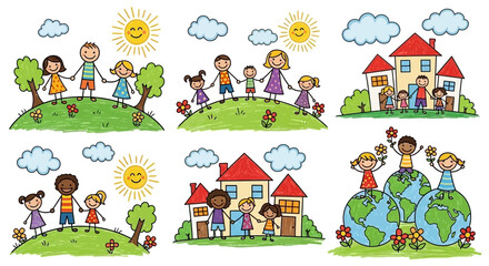 Obraz premium Diverse Children and Families Celebrating Earth and Home in Cheerful Illustrations
