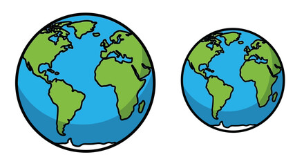 Two stylized Earth globes, one large and one small, depicted on a white background.