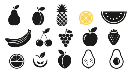 Collection of Diverse Fresh Fruit Icons in Silhouette, Vector Set