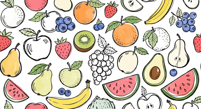 Vibrant Hand-Drawn Fruits Seamless Pattern on White Background Illustration