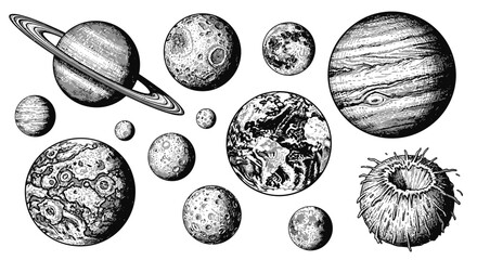 Vintage Engraved Celestial Bodies and Planets Collection in Black and White © Hiroshi
