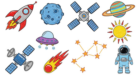 Whimsical Hand-Drawn Space Exploration Elements: Rockets, Planets, Astronauts, and UFOs © Hiroshi