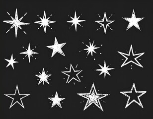 Fototapeta premium Collection of Hand-Drawn White Star Illustrations on a Dark Background.