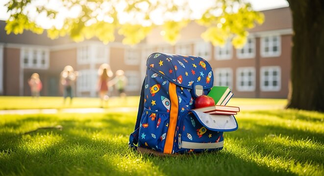 Children school backpack placed on green grass in school yard under bright spring daylight, cheerful back to school seasonal concept with fresh and playful atmosphere.