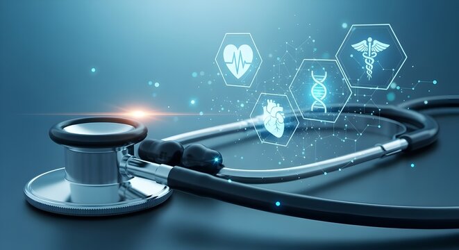 Tecnolog&iacute;a m&eacute;dica, m&eacute;dico que usa una computadora port&aacute;til con &iacute;conos de salud en la interfaz virtual.
 Salud y medicina digitales, conexi&oacute;n a la red de Internet, red de salud global