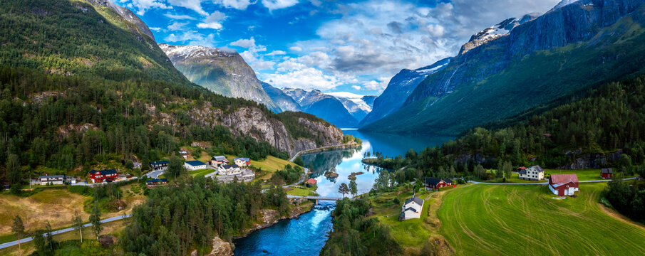 Beautiful Nature Norway natural landscape. lovatnet lake Lodal valley.
