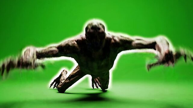 A creepy zombielike creature in a running position on green background