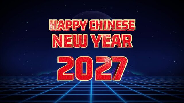 Futuristic grid background with happy chinese new year text for 2021 and 2027 in red and gold 3d letters