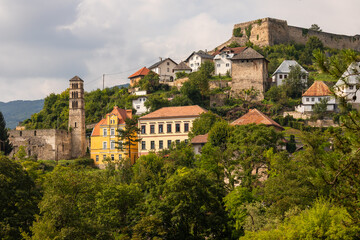 Obraz premium Jajce town with fortress and Saint Luke's Bell Tower, Bosnia and Herzegovina.