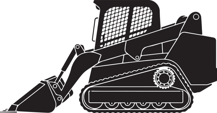 Silhouette of Skid Steer Loader with Bucket and Track Icon in Flat Style. Vector Illustration