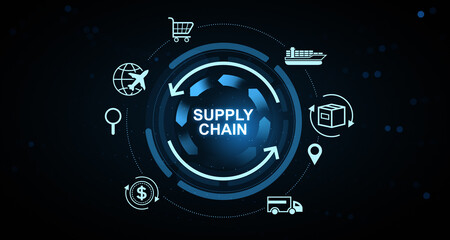 Supply chain concept with logistics icons and digital circular arrows in futuristic glowing style on blurred dark background representing global trade system. 3D Rendering © ImageFlow