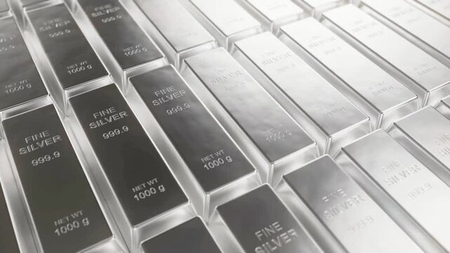 Stack of polished silver bars representing trading, wealth, and economic stability, glowing reflections, modern financial concept, studio lighting, cinematic composition,