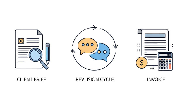 Business process illustration showing client brief review, revision cycle, and invoice stages with icons and simple graphics