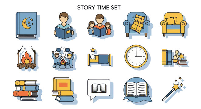 Collection of Story Time Icons Featuring Books Family and Cozy Settings.