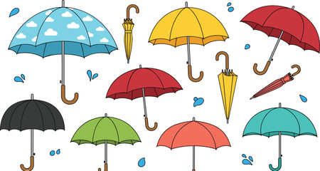 Colorful Umbrella Vector Illustration Set with Open and Closed Rain Parasols and Water Drops Isolated on White Background © ABDUL HAKIM