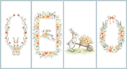 Obraz premium Easter bunny illustrations with floral wreaths on white background