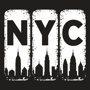 NYC text and skyline graphic with white panels and distressed edges on a black background