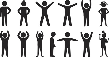 Collection of twelve human silhouette figures in diverse standing poses and gestures, showcasing expressive body language and hairstyles for design, illustration, and communication projects