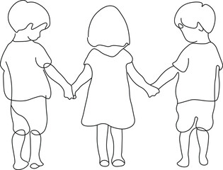 Minimalist One Line Drawing of Three Children Holding Hands