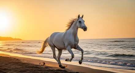 Majestic white horse galloping powerfully along the sandy shoreline waves during a golden hour sunrise creating beautiful dramatic light and motion.